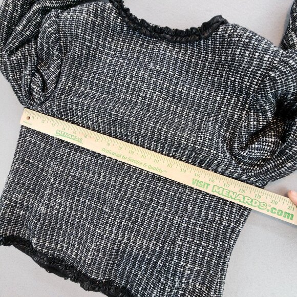 Rebecca Taylor Tweed Ruffle Ribbon Hem Open Front Blazer Jacket Black White sz L - Picture 10 of 11